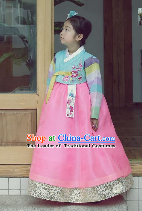 Asian Korean National Handmade Formal Occasions Wedding Embroidered Blue Blouse and Pink Dress Traditional Palace Hanbok Costume for Kids
