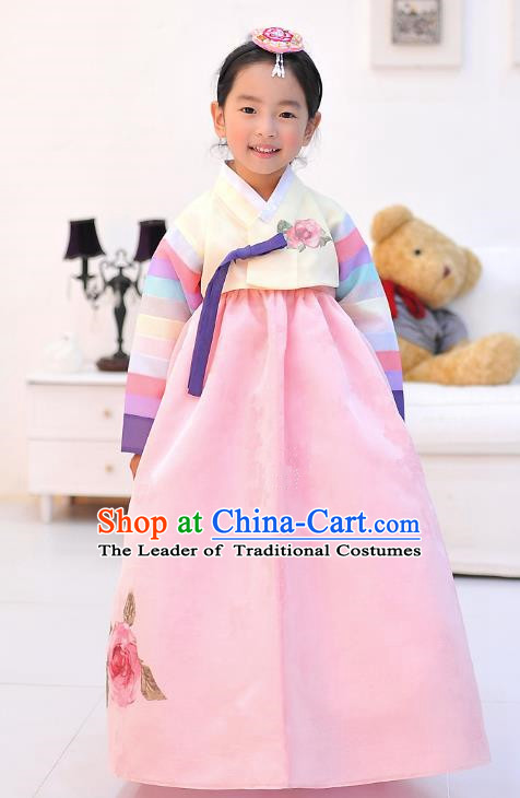 Asian Korean National Handmade Formal Occasions Wedding Embroidered Beige Blouse and Pink Dress Traditional Palace Hanbok Costume for Kids