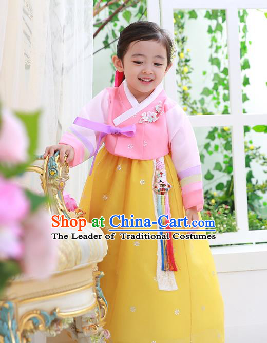 Asian Korean National Handmade Formal Occasions Wedding Embroidered Pink Blouse and Yellow Dress Traditional Palace Hanbok Costume for Kids
