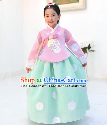 Asian Korean National Handmade Formal Occasions Wedding Printing Pink Blouse and Green Dress Traditional Palace Hanbok Costume for Kids