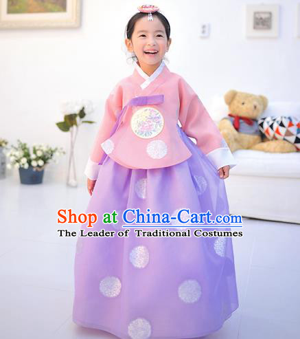 Asian Korean National Handmade Formal Occasions Wedding Printing Pink Blouse and Purple Dress Traditional Palace Hanbok Costume for Kids
