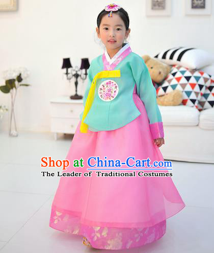 Asian Korean National Handmade Formal Occasions Wedding Embroidered Green Blouse and Pink Dress Traditional Palace Hanbok Costume for Kids