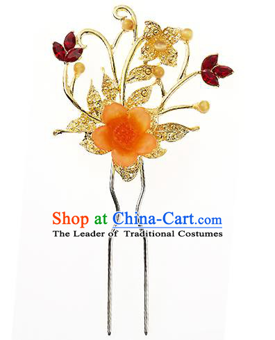 Traditional Korean National Wedding Hair Accessories Bride Palace Cyphers Orange Flower Crystal Hairpins, Korean Hanbok Fashion Hair Stick Headwear for Women
