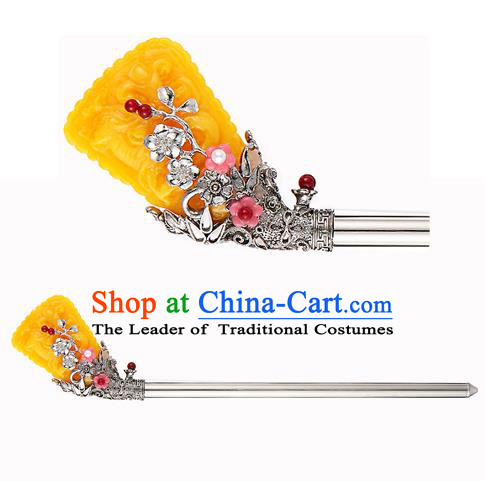 Traditional Korean National Hair Accessories Bride Yellow Colored Glaze Hairpins, Asian Korean Hanbok Fashion Headwear Hair Stick for Women