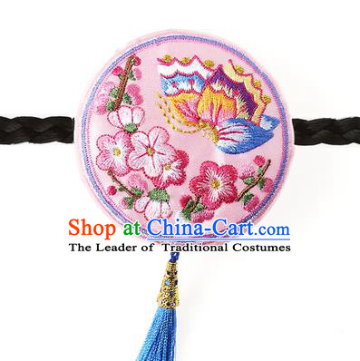 Korean National Wedding Hair Accessories Bride Pink Hair Clasp, Korean Hanbok Fashion Embroidered Butterfly Headband for Kids