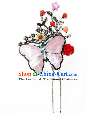 Korean National Wedding Hair Accessories Bride Pink Butterfly Hairpins, Korean Hanbok Fashion Palace Hair Stick for Women