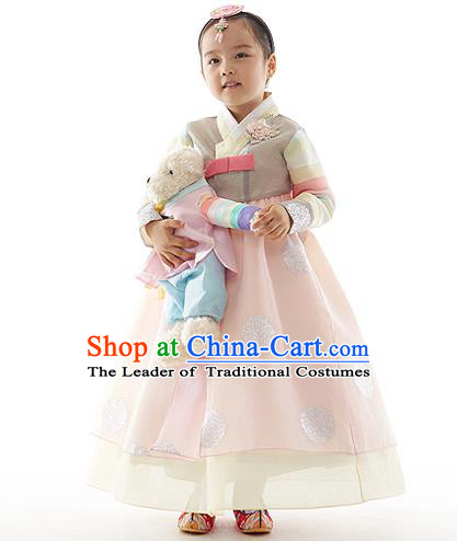 Asian Korean National Handmade Formal Occasions Wedding Clothing Printing Grey Blouse and Pink Dress Palace Hanbok Costume for Kids