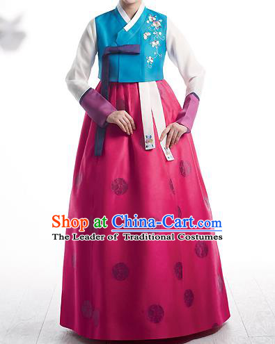 Asian Korean National Handmade Formal Occasions Wedding Bride Clothing Embroidered Blue Blouse and Pink Dress Palace Hanbok Costume for Women