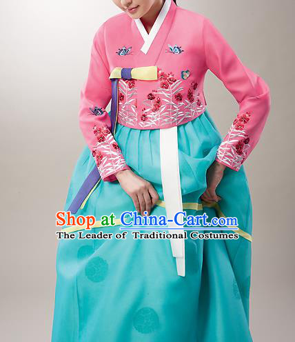 Asian Korean National Handmade Formal Occasions Wedding Bride Clothing Embroidered Pink Blouse and Green Dress Palace Hanbok Costume for Women
