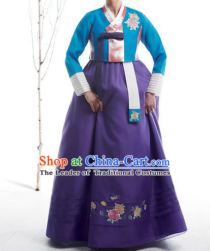 Asian Korean National Handmade Formal Occasions Wedding Bride Clothing Embroidered Blue Blouse and Purple Dress Palace Hanbok Costume for Women