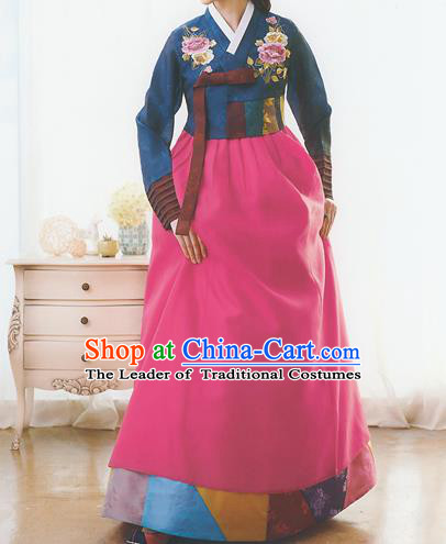 Korean National Handmade Formal Occasions Wedding Bride Clothing Embroidered Blue Blouse and Rosy Dress Palace Hanbok Costume for Women