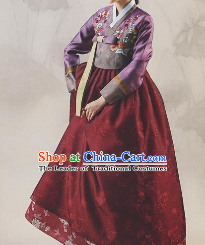 Korean National Handmade Formal Occasions Wedding Bride Clothing Hanbok Costume Embroidered Purple Blouse and Red Dress for Women