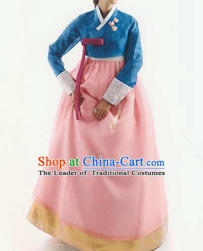 Korean National Handmade Formal Occasions Wedding Bride Clothing Hanbok Costume Embroidered Blue Blouse and Pink Dress for Women