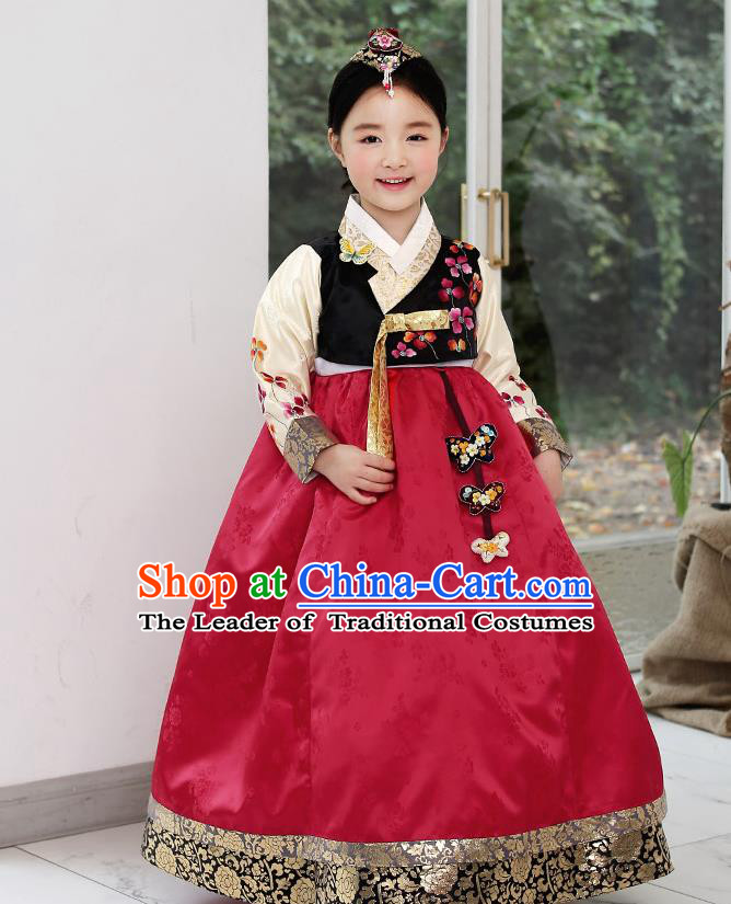 Asian Korean National Handmade Formal Occasions Wedding Clothing Black Blouse and Red Dress Palace Hanbok Costume for Kids