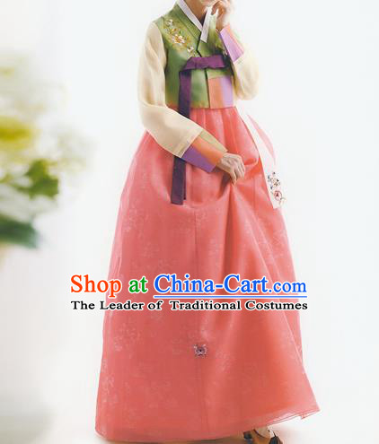 Korean National Handmade Formal Occasions Wedding Bride Clothing Embroidered Green Blouse and Pink Dress Palace Hanbok Costume for Women