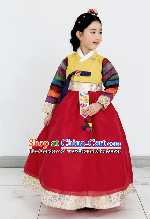 Asian Korean National Handmade Formal Occasions Wedding Clothing Yellow Blouse and Red Dress Palace Hanbok Costume for Kids