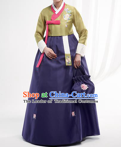 Asian Korean National Handmade Formal Occasions Wedding Bride Clothing Embroidered Green Blouse and Blue Dress Palace Hanbok Costume for Women