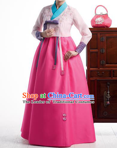 Asian Korean National Handmade Formal Occasions Wedding Bride Clothing Embroidered Pink Blouse and Dress Palace Hanbok Costume for Women
