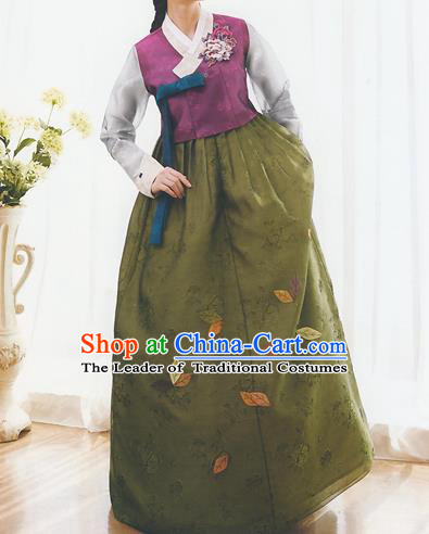 Korean National Handmade Formal Occasions Wedding Bride Clothing Embroidered Purple Blouse and Green Dress Palace Hanbok Costume for Women
