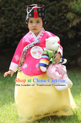 Asian Korean National Handmade Formal Occasions Wedding Bride Clothing Embroidered Pink Blouse and Yellow Dress Palace Hanbok Costume for Kids
