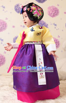 Asian Korean National Handmade Formal Occasions Clothing Embroidered Yellow Blouse and Purple Dress Palace Hanbok Costume for Kids