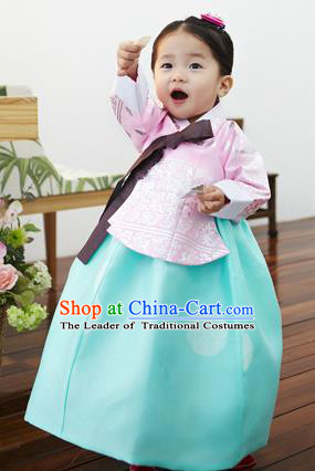 Asian Korean National Handmade Formal Occasions Clothing Embroidered Pink Blouse and Green Dress Palace Hanbok Costume for Kids
