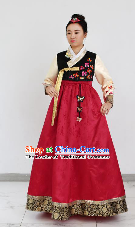 Asian Korean National Handmade Formal Occasions Clothing Bride Embroidered Black Blouse and Red Dress Palace Hanbok Costume for Women