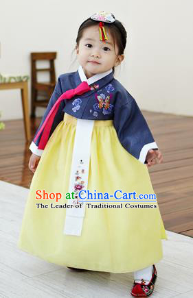 Asian Korean National Handmade Formal Occasions Clothing Embroidered Navy Blouse and Yellow Dress Palace Hanbok Costume for Kids