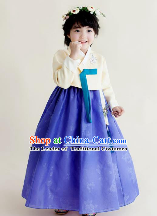 Asian Korean National Handmade Formal Occasions Clothing Embroidered Beige Blouse and Blue Dress Palace Hanbok Costume for Kids