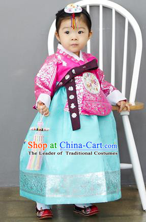 Asian Korean National Handmade Formal Occasions Clothing Embroidered Rosy Blouse and Blue Dress Palace Hanbok Costume for Kids