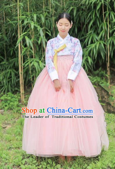 Korean National Handmade Formal Occasions Bride Clothing Hanbok Costume Printing Blouse and Pink Dress for Women