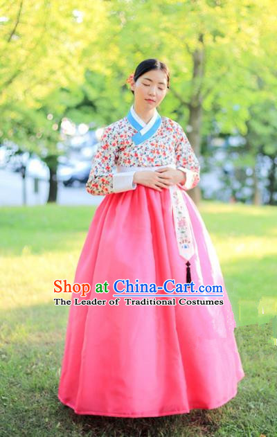 Korean National Handmade Formal Occasions Bride Clothing Hanbok Costume Printing Blouse and Pink Dress for Women