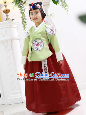 Asian Korean National Handmade Formal Occasions Wedding Clothing Green Blouse and Red Dress Palace Hanbok Costume for Kids