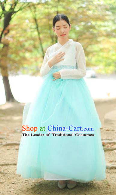 Korean National Handmade Formal Occasions Bride Clothing Hanbok Costume White Blouse and Blue Dress for Women