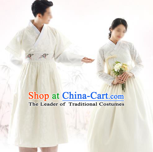 Korean National Handmade Formal Occasions Wedding Bride and Bridegroom Hanbok Embroidered White Costume Complete Set