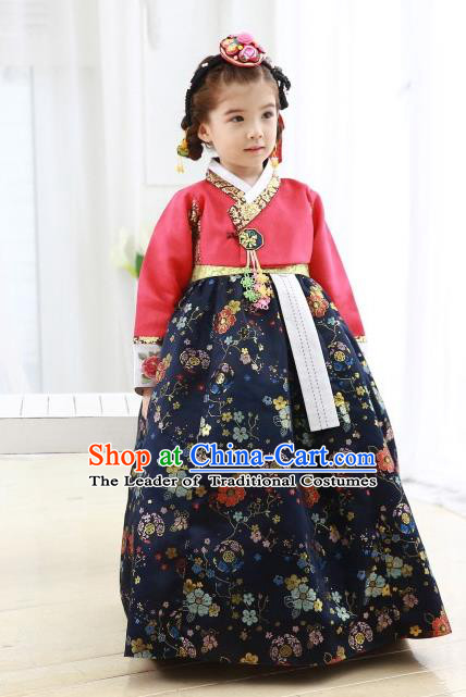 Korean National Handmade Formal Occasions Girls Hanbok Costume Embroidered Red Blouse and Navy Dress for Kids