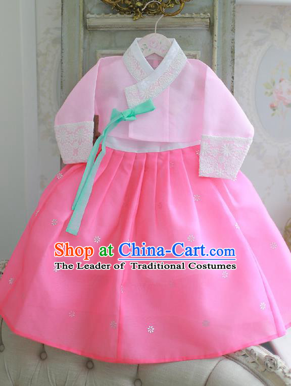 Korean National Handmade Formal Occasions Girls Hanbok Costume Embroidered Pink Blouse and Dress for Kids