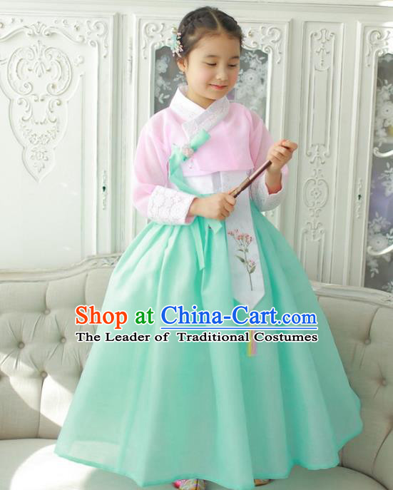 Korean National Handmade Formal Occasions Girls Hanbok Costume Embroidered Pink Blouse and Green Dress for Kids