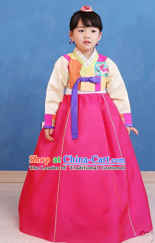 Asian Korean National Handmade Formal Occasions Wedding Girls Clothing Embroidered Yellow Blouse and Rosy Dress Palace Hanbok Costume for Kids