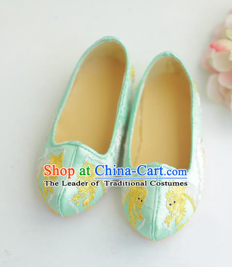 Traditional Korean National Wedding Shoes Blue Embroidered Shoes, Asian Korean Hanbok Flat Shoes for Kids