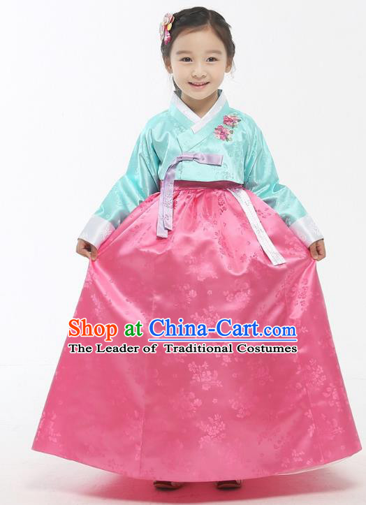 Asian Korean National Handmade Formal Occasions Wedding Girls Clothing Embroidered Green Blouse and Pink Dress Palace Hanbok Costume for Kids