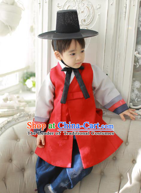 Asian Korean National Traditional Handmade Formal Occasions Boys Embroidery Red Vest Prince Hanbok Costume Complete Set for Kids