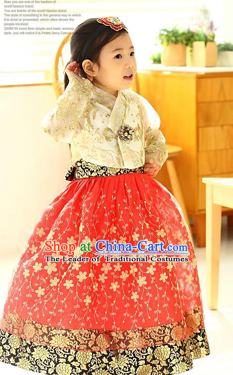 Korean National Handmade Formal Occasions Girls Hanbok Costume Embroidered Yellow Lace Blouse and Red Dress for Kids