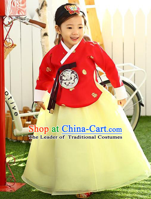 Korean National Handmade Formal Occasions Girls Hanbok Costume Embroidered Red Blouse and Yellow Dress for Kids