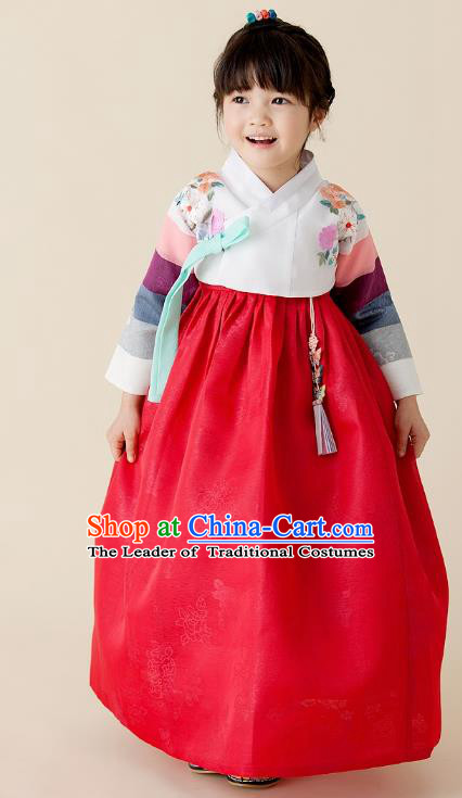 Asian Korean National Handmade Formal Occasions Wedding Girls Clothing Embroidered White Blouse and Red Dress Palace Hanbok Costume for Kids