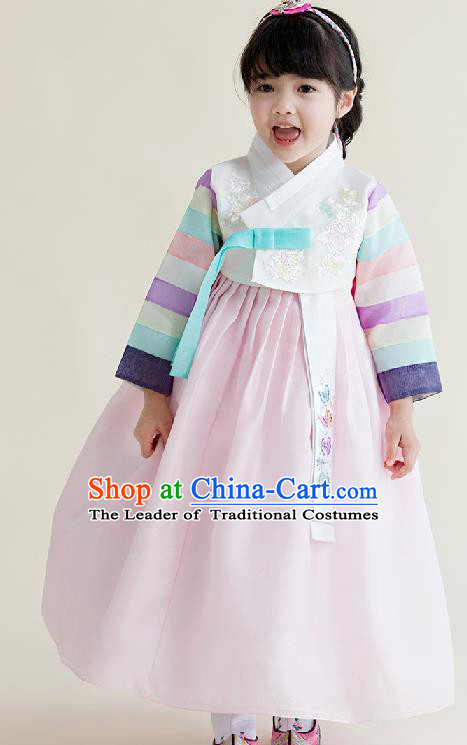 Asian Korean National Handmade Formal Occasions Wedding Girls Clothing Embroidered White Blouse and Pink Dress Palace Hanbok Costume for Kids