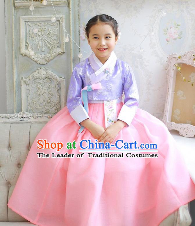 Asian Korean National Handmade Formal Occasions Wedding Girls Clothing Embroidered Purple Blouse and Pink Dress Palace Hanbok Costume for Kids