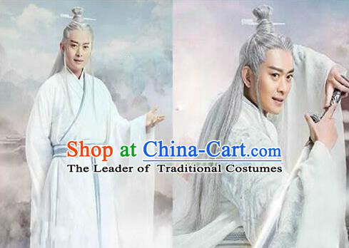 Chinese Ancient Opera Old Men Wig, Traditional Chinese Beijing Opera Taoist Priest White Wig Sheath for Men