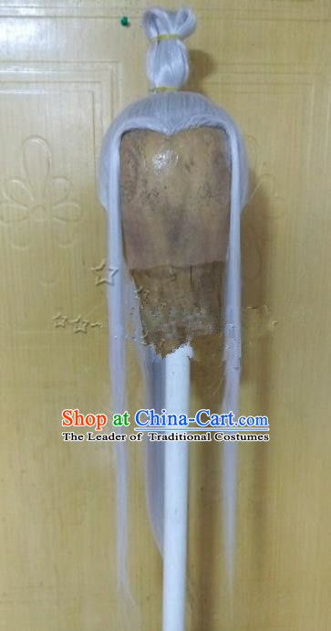 Chinese Ancient Opera Swordsman Taoist Priest White Wig, Traditional Chinese Tang Dynasty Kawaler Wig Sheath for Men