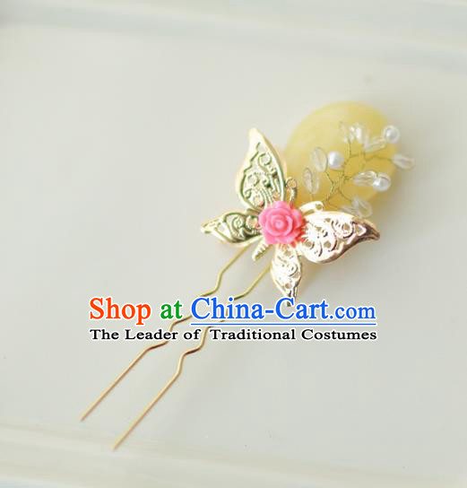 Korean National Hair Accessories Butterfly Yellow Hairpins, Asian Korean Hanbok Fashion Bride Wedding Hair Stick Headwear for Women